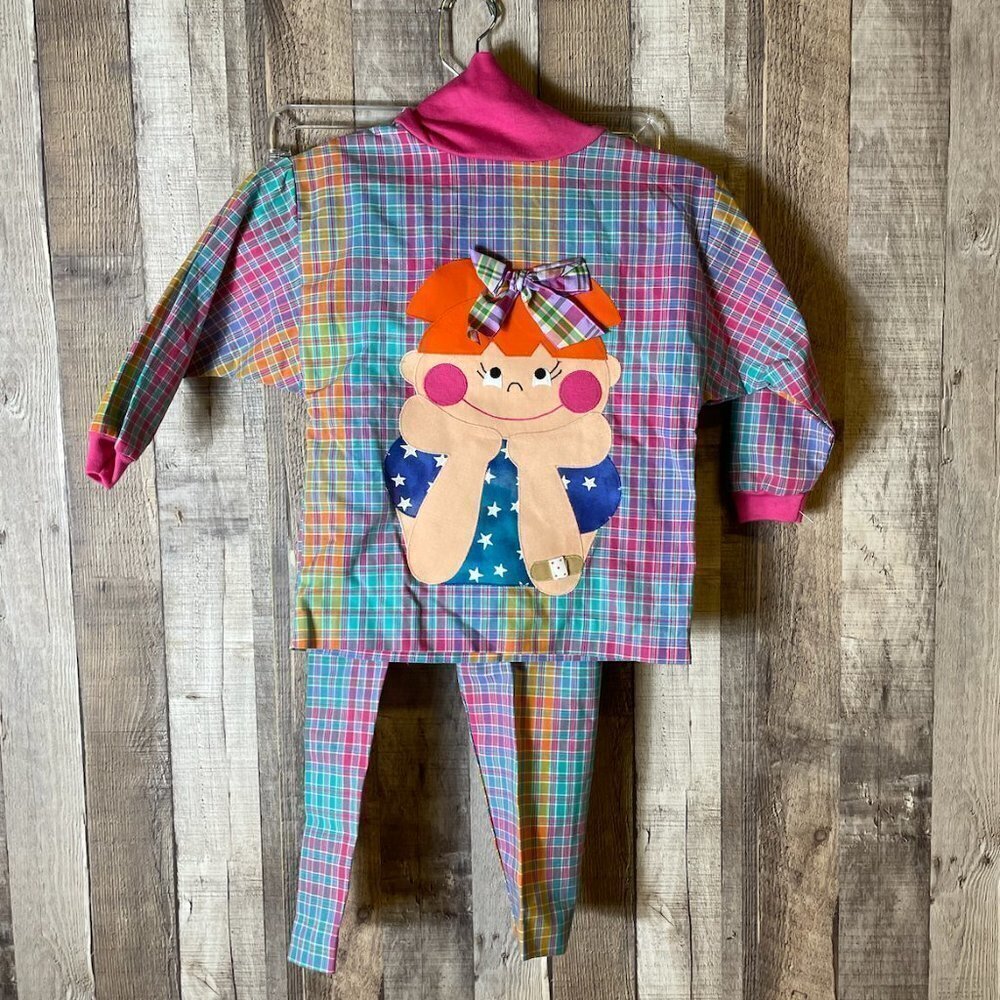 Vintage Two-Piece Plaid Outfit Little Girl Bow Bandaid NWOT